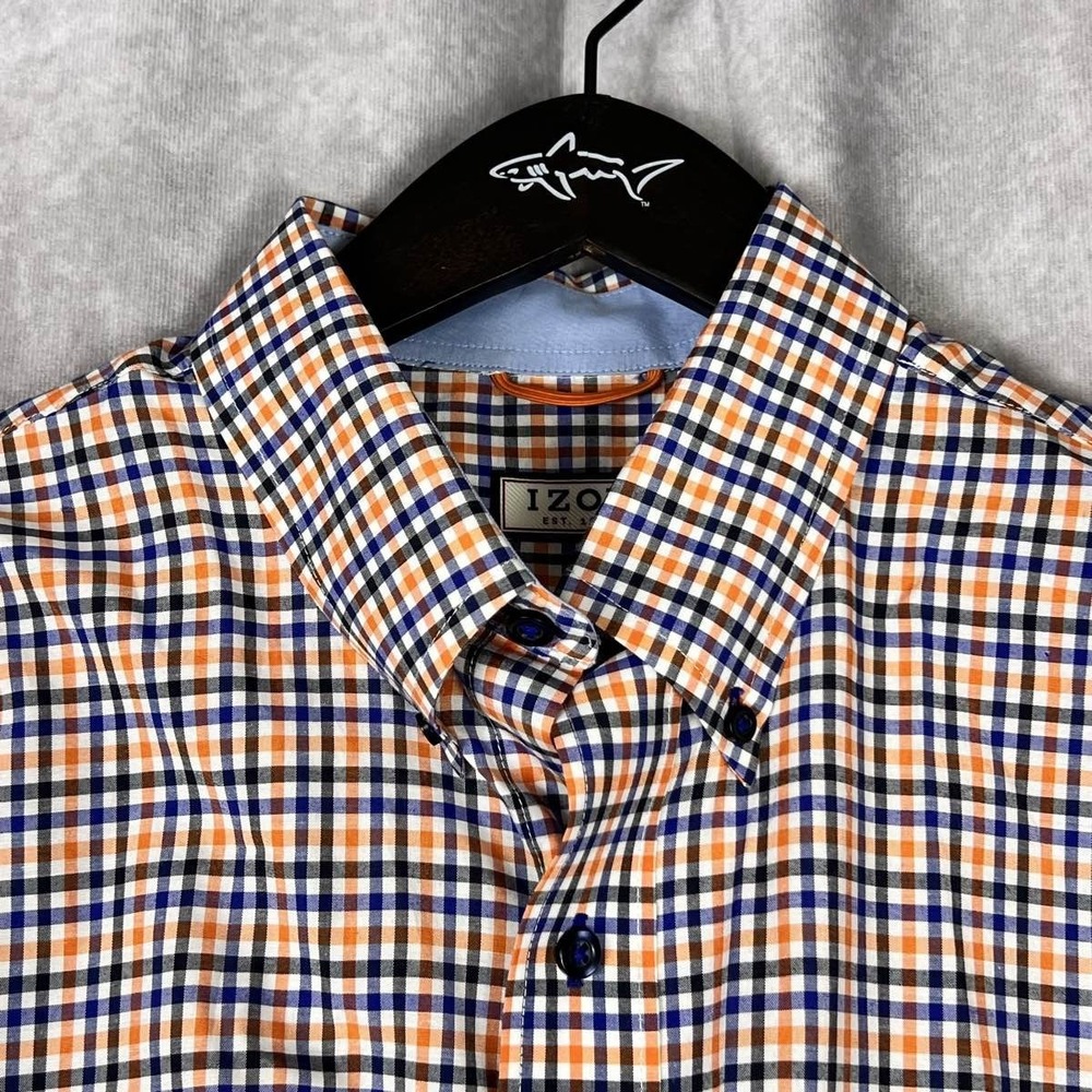 IZOD Men's L Orange Blue Plaid Long Sleeve Button Down Flip Cuff Shirt